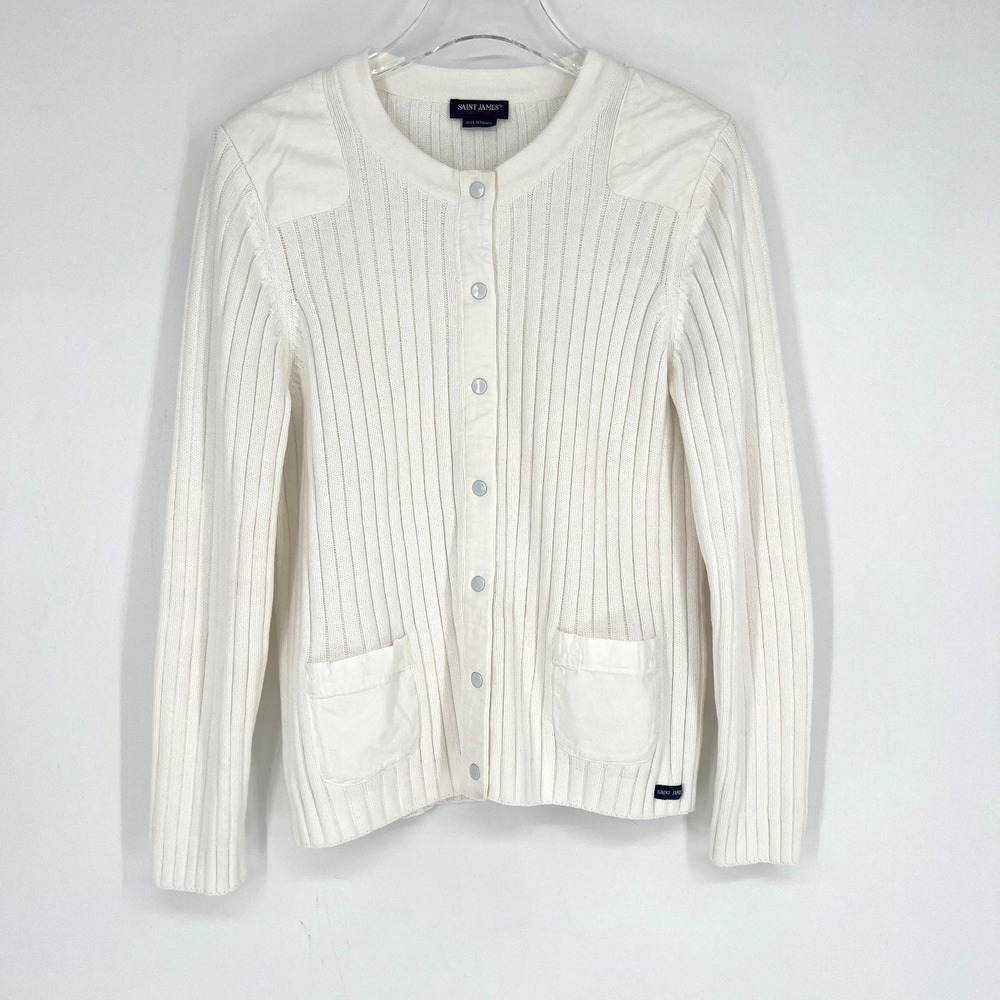 Saint James Cardigan Womens 12 White Ribbed Preppy Coastal Classic‎ Minimalist